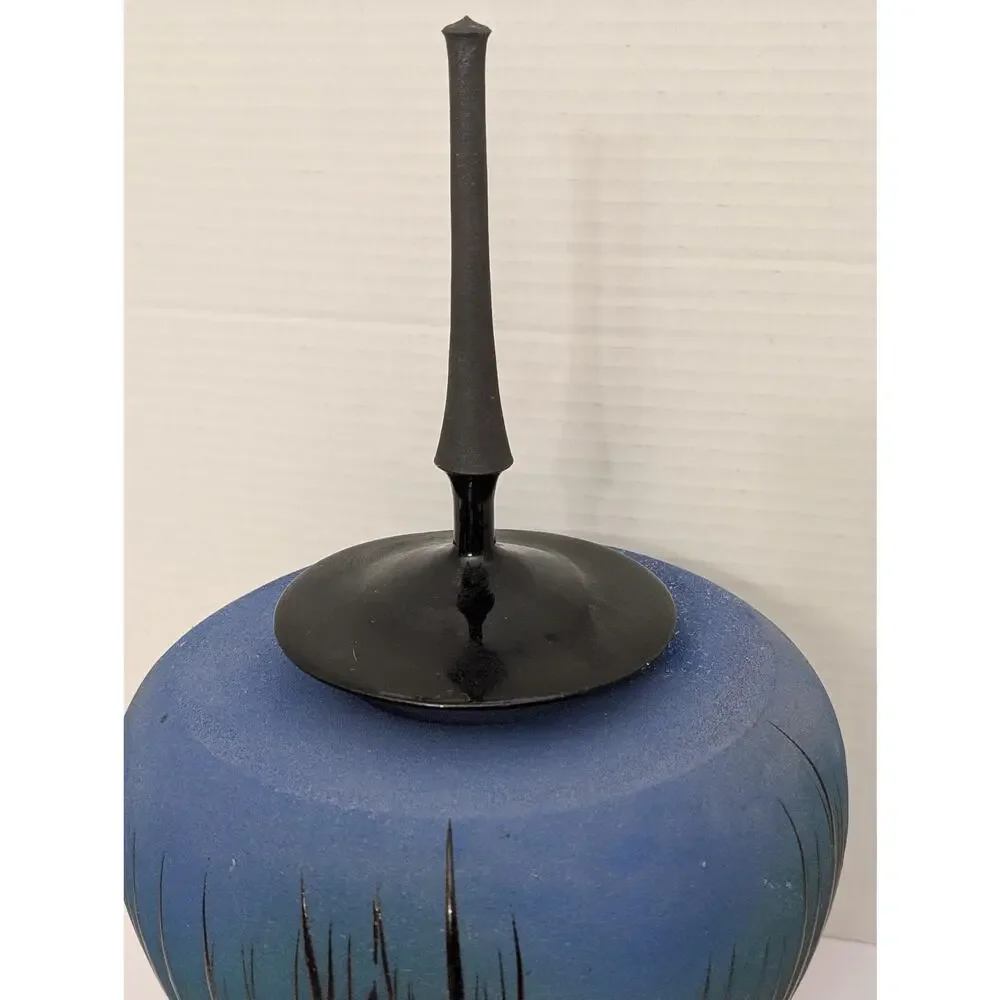 Modernist Studio Art Pottery Lidded Vessel Ombre Blue Sgraffito Grass Tall